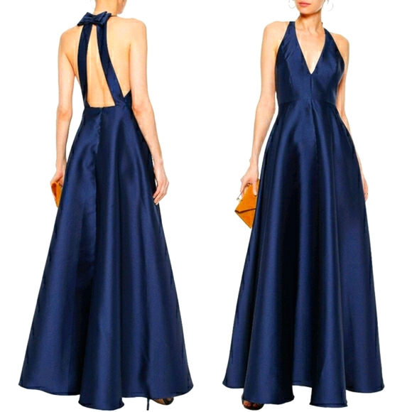 $795 NWT BADGLEY MISCHKA Womens Navy Blue Maxi Long Gown 2 XS Bow Wedding A-line - Picture 10 of 11